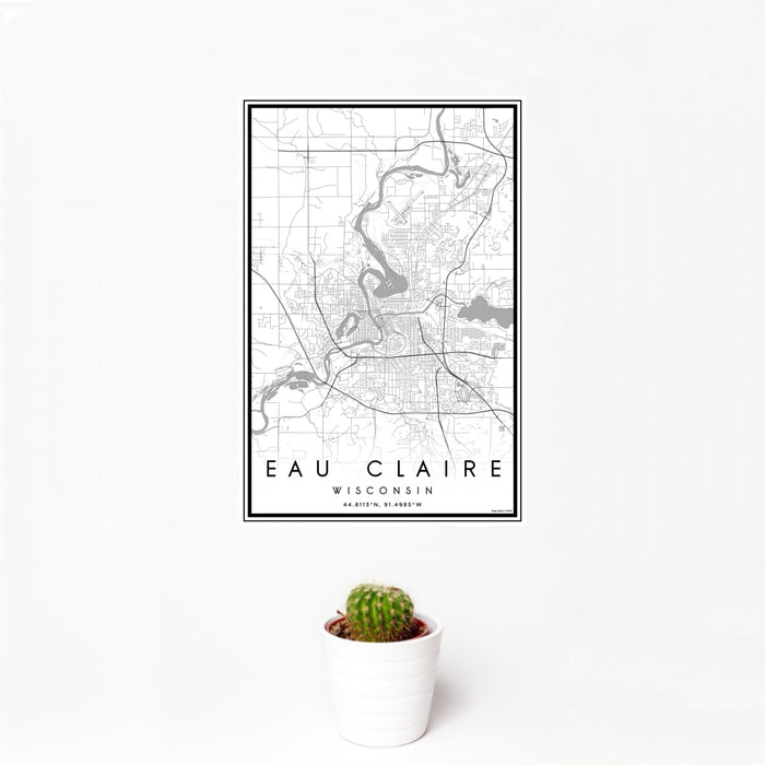 12x18 Eau Claire Wisconsin Map Print Portrait Orientation in Classic Style With Small Cactus Plant in White Planter