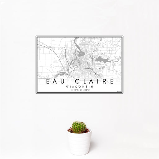 12x18 Eau Claire Wisconsin Map Print Landscape Orientation in Classic Style With Small Cactus Plant in White Planter
