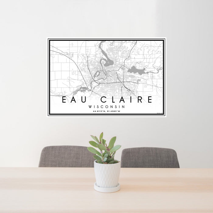 24x36 Eau Claire Wisconsin Map Print Landscape Orientation in Classic Style Behind 2 Chairs Table and Potted Plant