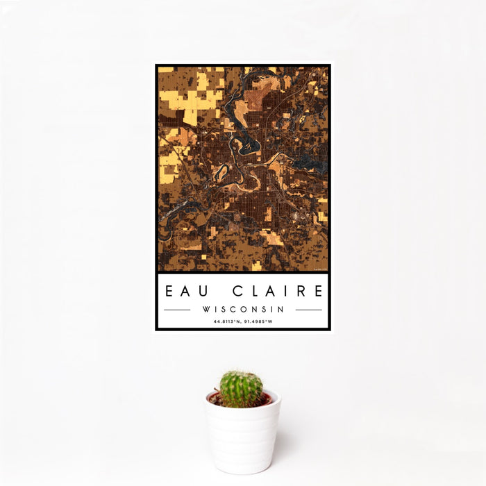 12x18 Eau Claire Wisconsin Map Print Portrait Orientation in Ember Style With Small Cactus Plant in White Planter