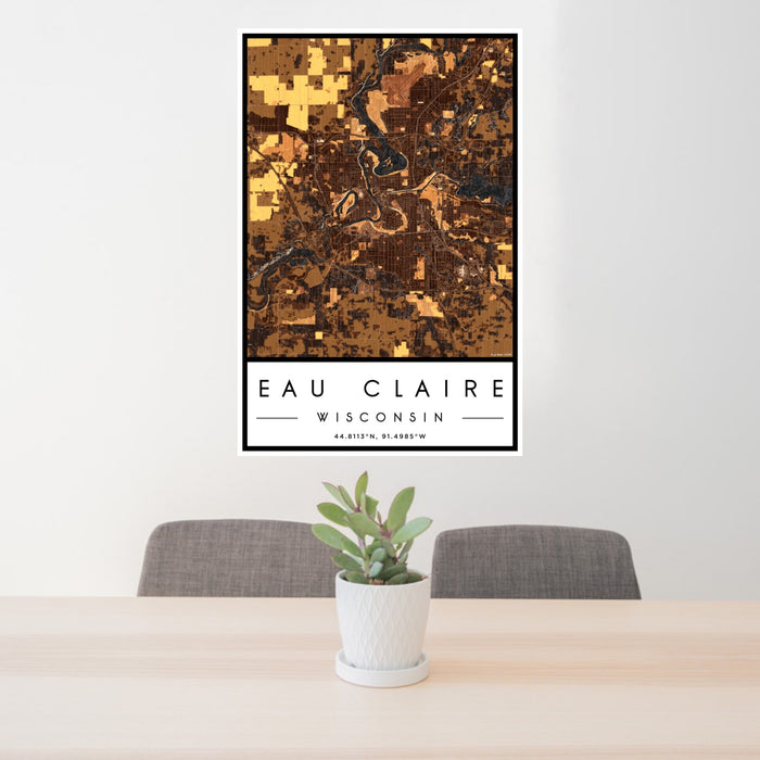 24x36 Eau Claire Wisconsin Map Print Portrait Orientation in Ember Style Behind 2 Chairs Table and Potted Plant
