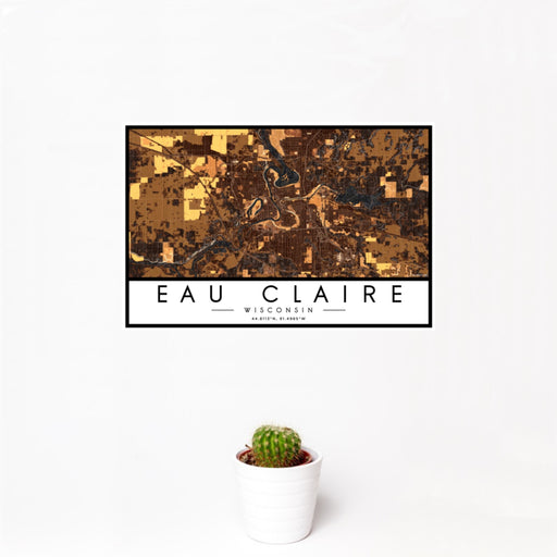 12x18 Eau Claire Wisconsin Map Print Landscape Orientation in Ember Style With Small Cactus Plant in White Planter