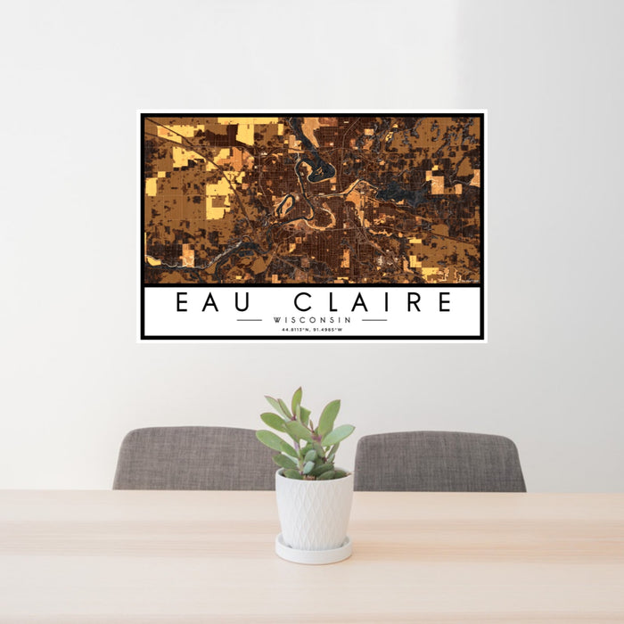24x36 Eau Claire Wisconsin Map Print Landscape Orientation in Ember Style Behind 2 Chairs Table and Potted Plant