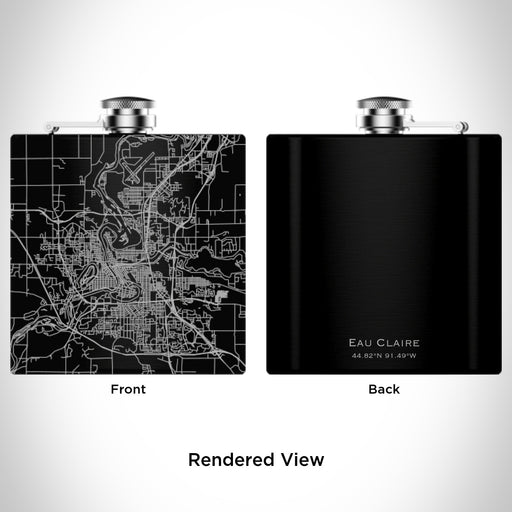 Rendered View of Eau Claire Wisconsin Map Engraving on 6oz Stainless Steel Flask in Black