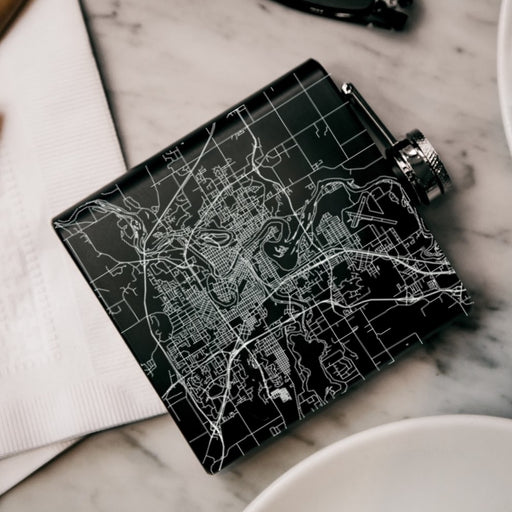 Eau Claire Wisconsin Custom Engraved City Map Inscription Coordinates on 6oz Stainless Steel Flask in Black