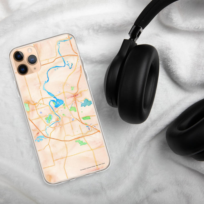 Custom Eau Claire Wisconsin Map Phone Case in Watercolor on Table with Black Headphones