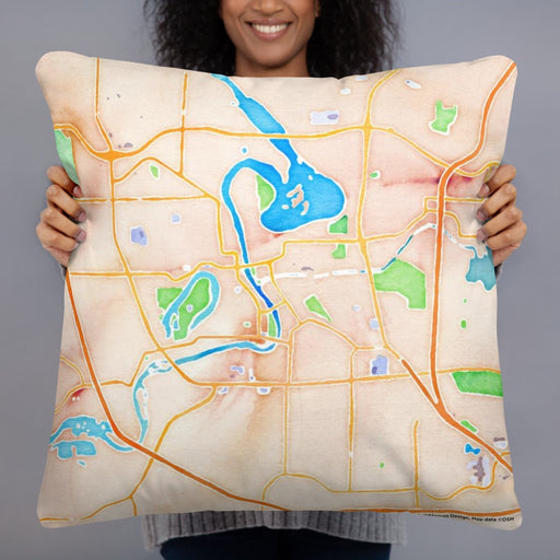 Person holding 22x22 Custom Eau Claire Wisconsin Map Throw Pillow in Watercolor