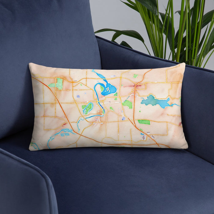Custom Eau Claire Wisconsin Map Throw Pillow in Watercolor on Blue Colored Chair