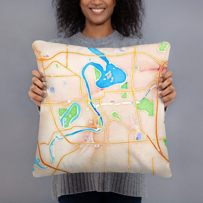 Person holding 18x18 Custom Eau Claire Wisconsin Map Throw Pillow in Watercolor
