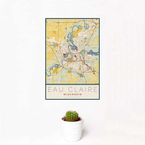 12x18 Eau Claire Wisconsin Map Print Portrait Orientation in Woodblock Style With Small Cactus Plant in White Planter