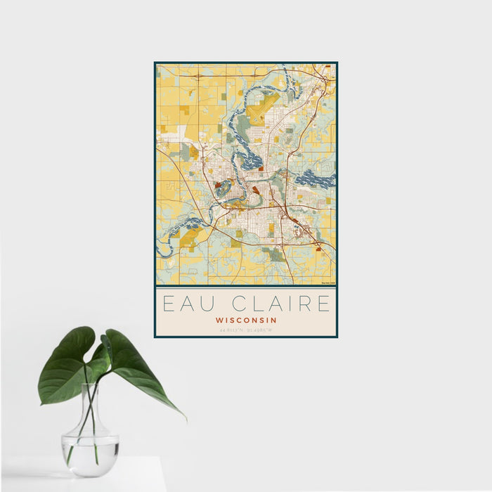 16x24 Eau Claire Wisconsin Map Print Portrait Orientation in Woodblock Style With Tropical Plant Leaves in Water