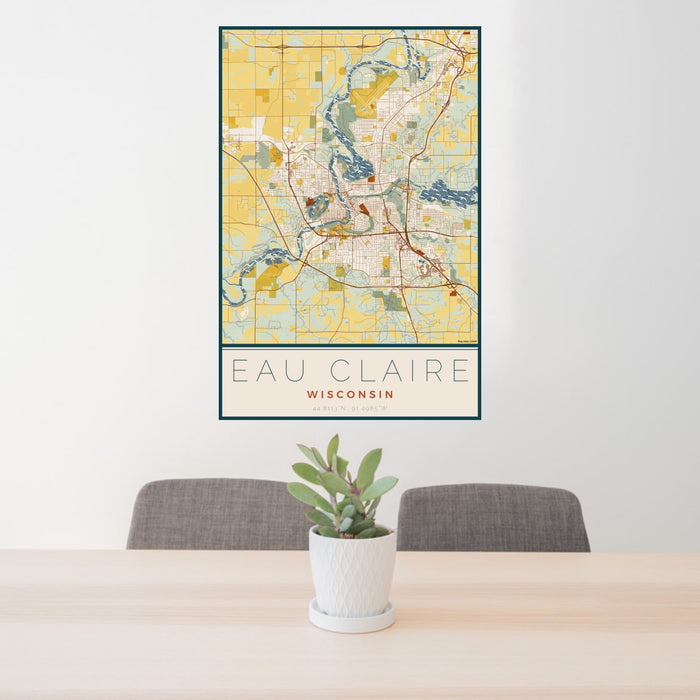 24x36 Eau Claire Wisconsin Map Print Portrait Orientation in Woodblock Style Behind 2 Chairs Table and Potted Plant