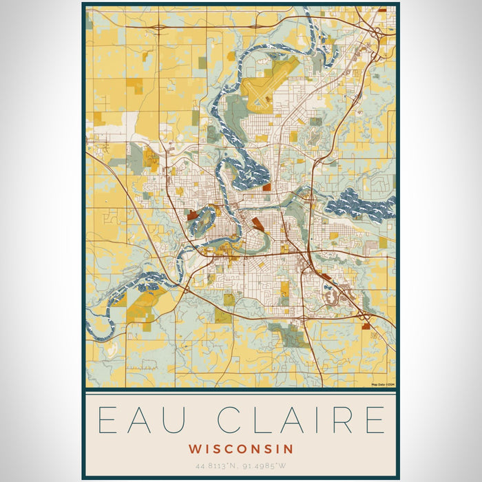Eau Claire Wisconsin Map Print Portrait Orientation in Woodblock Style With Shaded Background