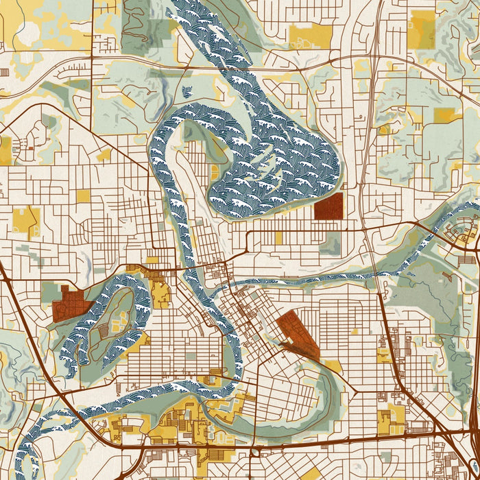 Eau Claire Wisconsin Map Print in Woodblock Style Zoomed In Close Up Showing Details