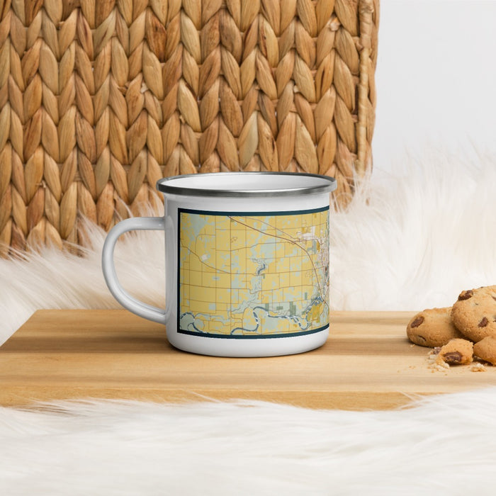 Left View Custom Eau Claire Wisconsin Map Enamel Mug in Woodblock on Table Top