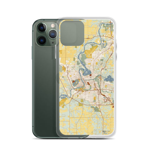 Custom Eau Claire Wisconsin Map Phone Case in Woodblock on Table with Laptop and Plant