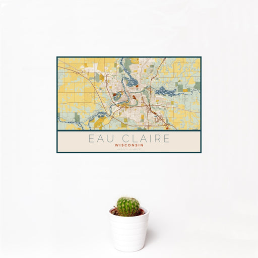 12x18 Eau Claire Wisconsin Map Print Landscape Orientation in Woodblock Style With Small Cactus Plant in White Planter