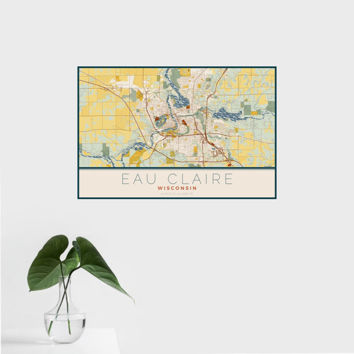 16x24 Eau Claire Wisconsin Map Print Landscape Orientation in Woodblock Style With Tropical Plant Leaves in Water