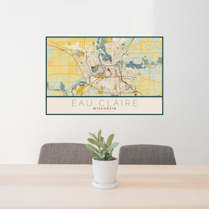 24x36 Eau Claire Wisconsin Map Print Landscape Orientation in Woodblock Style Behind 2 Chairs Table and Potted Plant