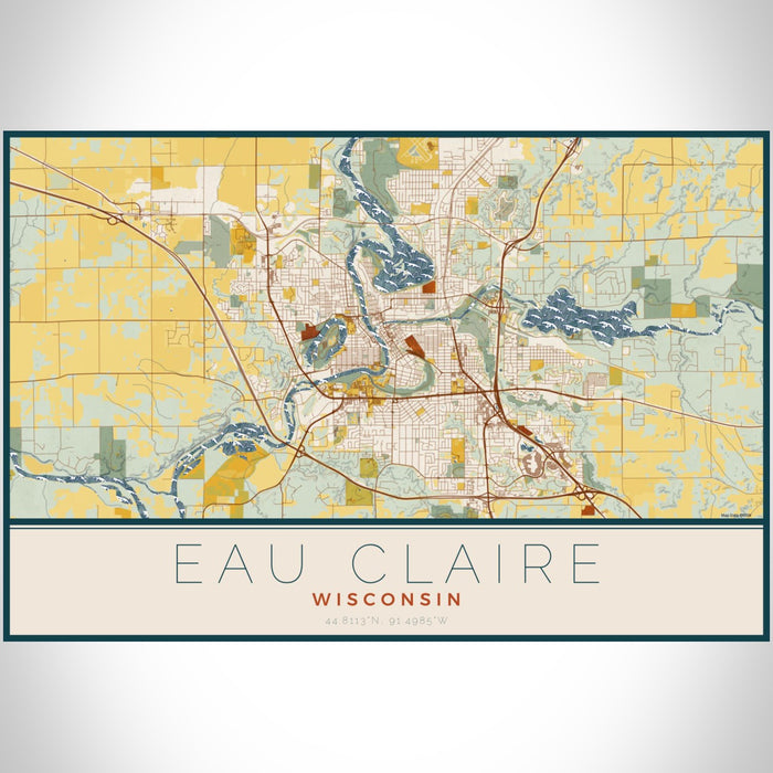 Eau Claire Wisconsin Map Print Landscape Orientation in Woodblock Style With Shaded Background