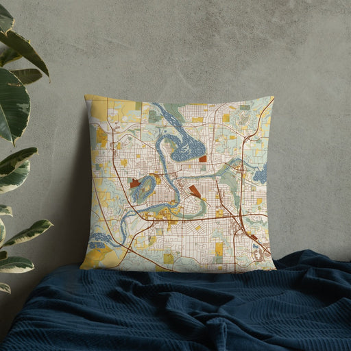 Custom Eau Claire Wisconsin Map Throw Pillow in Woodblock on Bedding Against Wall