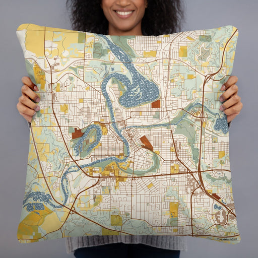 Person holding 22x22 Custom Eau Claire Wisconsin Map Throw Pillow in Woodblock