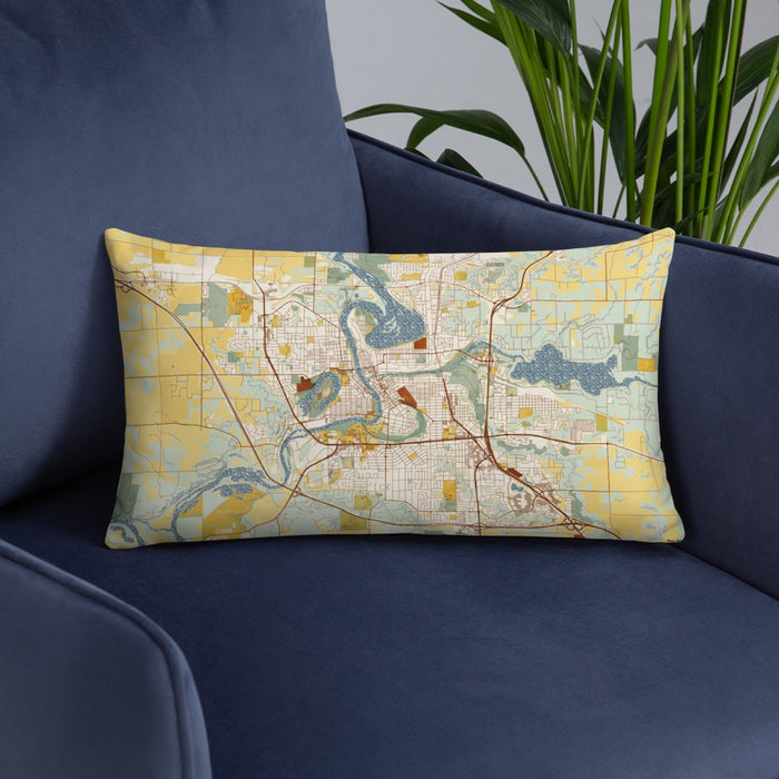 Custom Eau Claire Wisconsin Map Throw Pillow in Woodblock on Blue Colored Chair