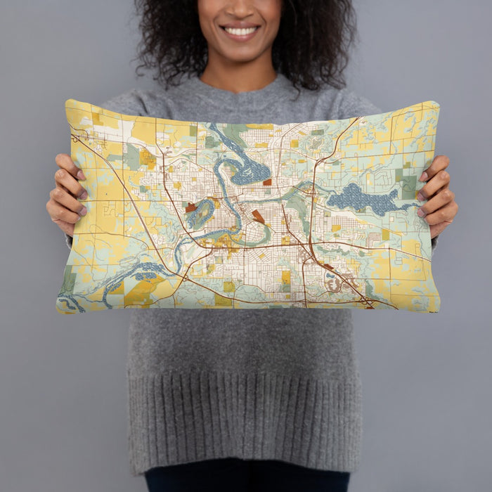 Person holding 20x12 Custom Eau Claire Wisconsin Map Throw Pillow in Woodblock