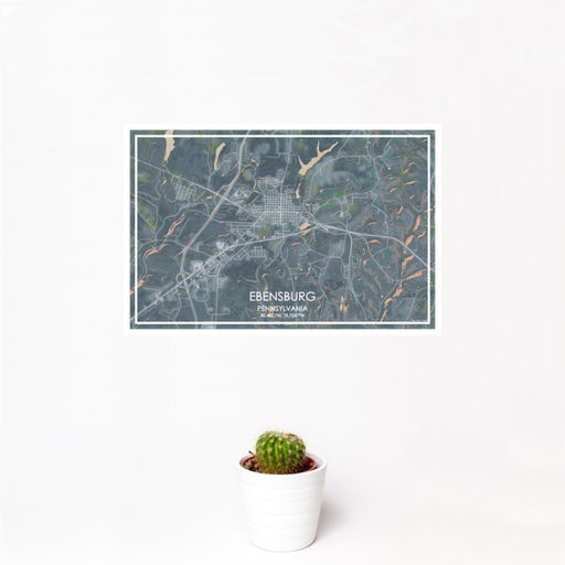 12x18 Ebensburg Pennsylvania Map Print Landscape Orientation in Afternoon Style With Small Cactus Plant in White Planter