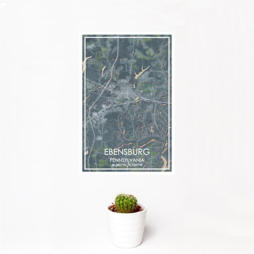 12x18 Ebensburg Pennsylvania Map Print Portrait Orientation in Afternoon Style With Small Cactus Plant in White Planter