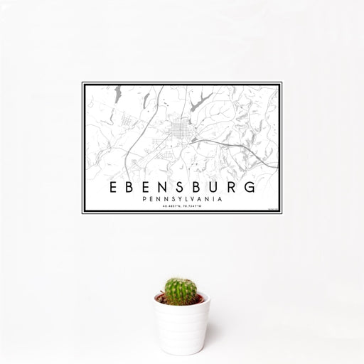 12x18 Ebensburg Pennsylvania Map Print Landscape Orientation in Classic Style With Small Cactus Plant in White Planter