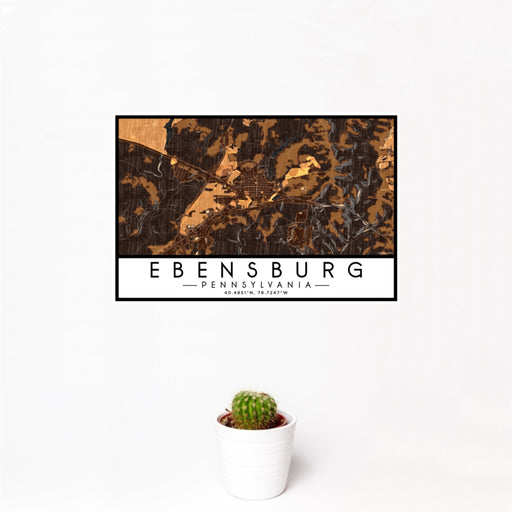 12x18 Ebensburg Pennsylvania Map Print Landscape Orientation in Ember Style With Small Cactus Plant in White Planter
