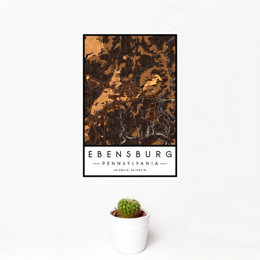 12x18 Ebensburg Pennsylvania Map Print Portrait Orientation in Ember Style With Small Cactus Plant in White Planter