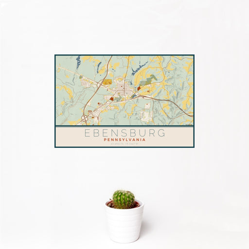 12x18 Ebensburg Pennsylvania Map Print Landscape Orientation in Woodblock Style With Small Cactus Plant in White Planter
