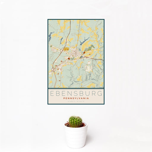 12x18 Ebensburg Pennsylvania Map Print Portrait Orientation in Woodblock Style With Small Cactus Plant in White Planter