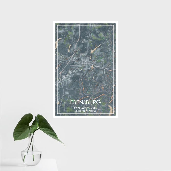 16x24 Ebensburg Pennsylvania Map Print Portrait Orientation in Afternoon Style With Tropical Plant Leaves in Water