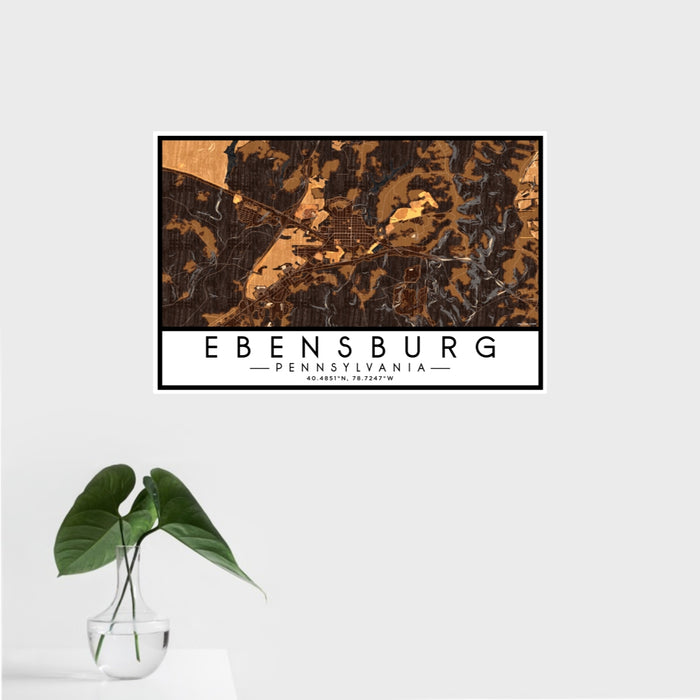 16x24 Ebensburg Pennsylvania Map Print Landscape Orientation in Ember Style With Tropical Plant Leaves in Water