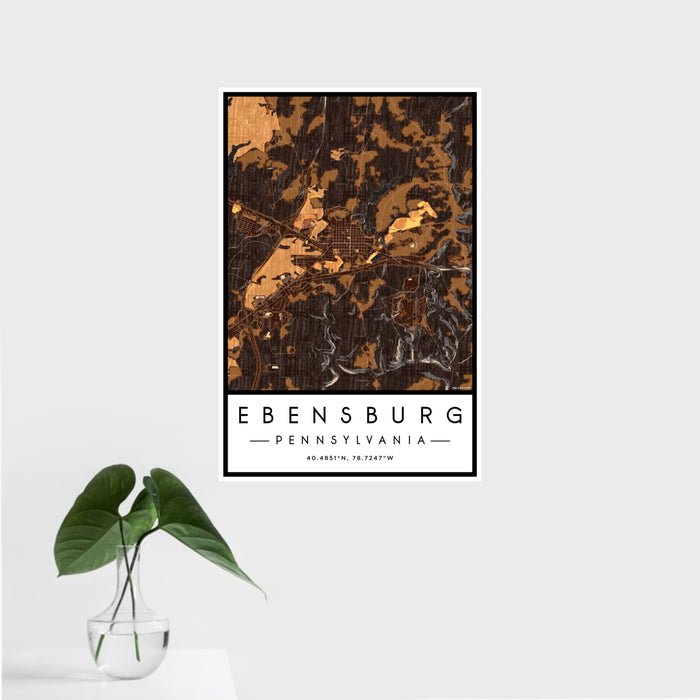 16x24 Ebensburg Pennsylvania Map Print Portrait Orientation in Ember Style With Tropical Plant Leaves in Water