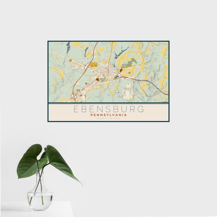 16x24 Ebensburg Pennsylvania Map Print Landscape Orientation in Woodblock Style With Tropical Plant Leaves in Water