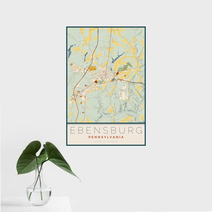16x24 Ebensburg Pennsylvania Map Print Portrait Orientation in Woodblock Style With Tropical Plant Leaves in Water