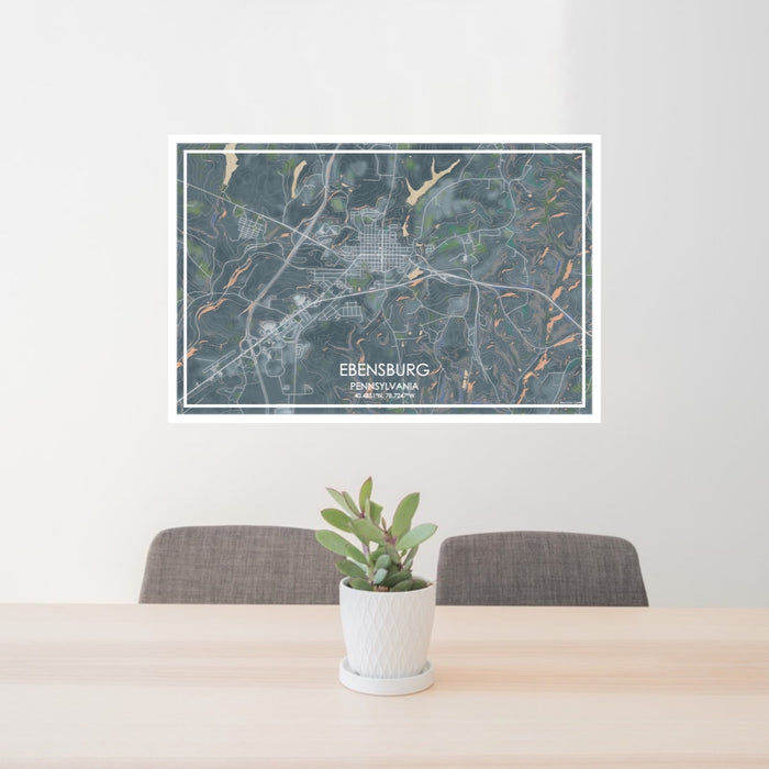 24x36 Ebensburg Pennsylvania Map Print Lanscape Orientation in Afternoon Style Behind 2 Chairs Table and Potted Plant