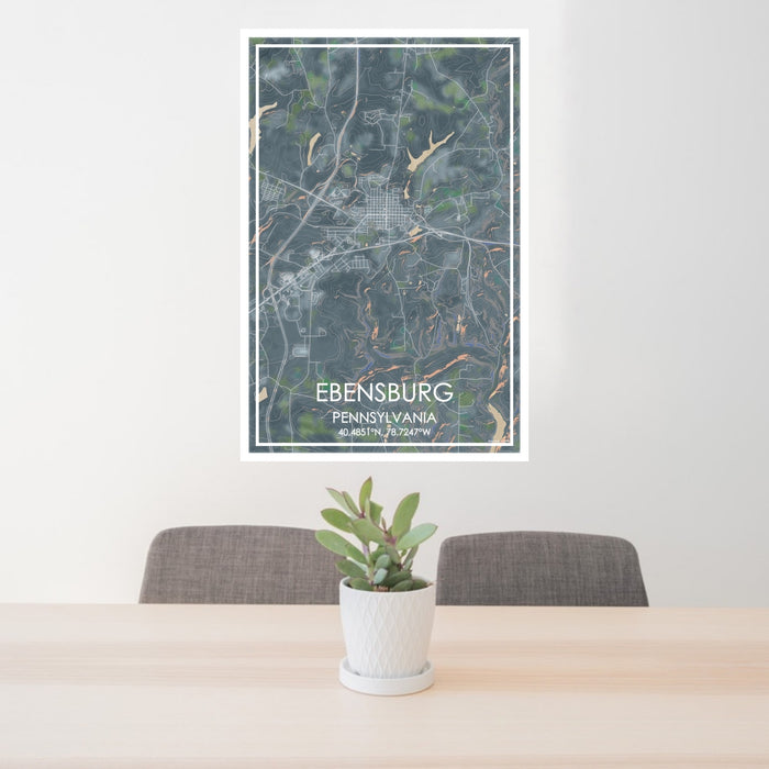 24x36 Ebensburg Pennsylvania Map Print Portrait Orientation in Afternoon Style Behind 2 Chairs Table and Potted Plant
