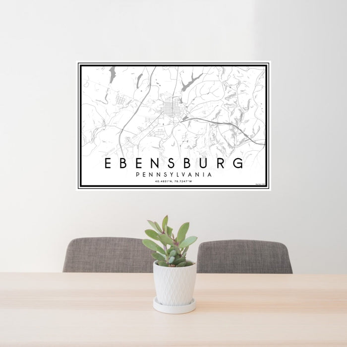24x36 Ebensburg Pennsylvania Map Print Lanscape Orientation in Classic Style Behind 2 Chairs Table and Potted Plant