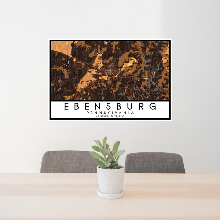 24x36 Ebensburg Pennsylvania Map Print Lanscape Orientation in Ember Style Behind 2 Chairs Table and Potted Plant