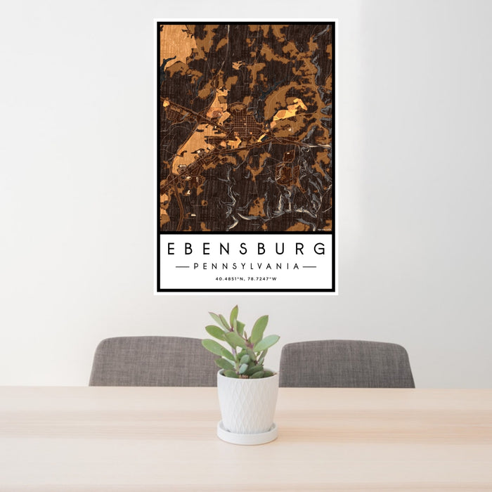 24x36 Ebensburg Pennsylvania Map Print Portrait Orientation in Ember Style Behind 2 Chairs Table and Potted Plant