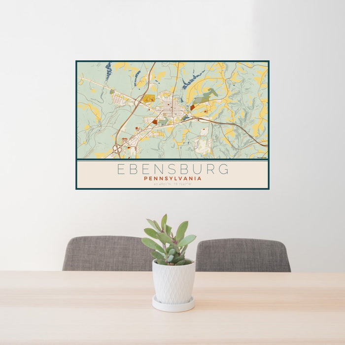 24x36 Ebensburg Pennsylvania Map Print Lanscape Orientation in Woodblock Style Behind 2 Chairs Table and Potted Plant