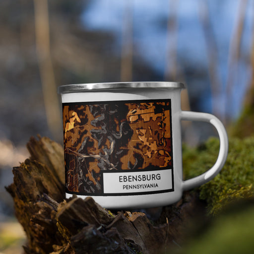 Right View Custom Ebensburg Pennsylvania Map Enamel Mug in Ember on Grass With Trees in Background
