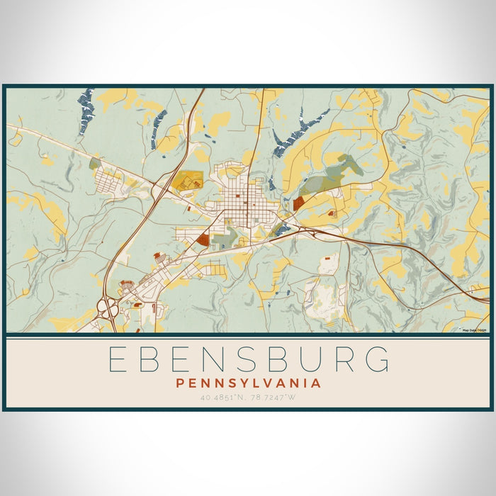 Ebensburg Pennsylvania Map Print Landscape Orientation in Woodblock Style With Shaded Background