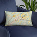 Custom Ebensburg Pennsylvania Map Throw Pillow in Woodblock on Blue Colored Chair