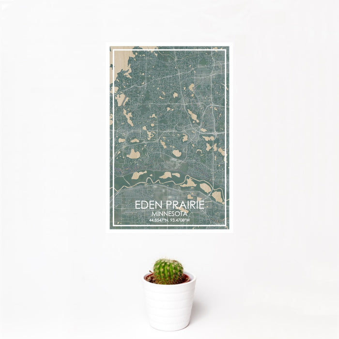 12x18 Eden Prairie Minnesota Map Print Portrait Orientation in Afternoon Style With Small Cactus Plant in White Planter